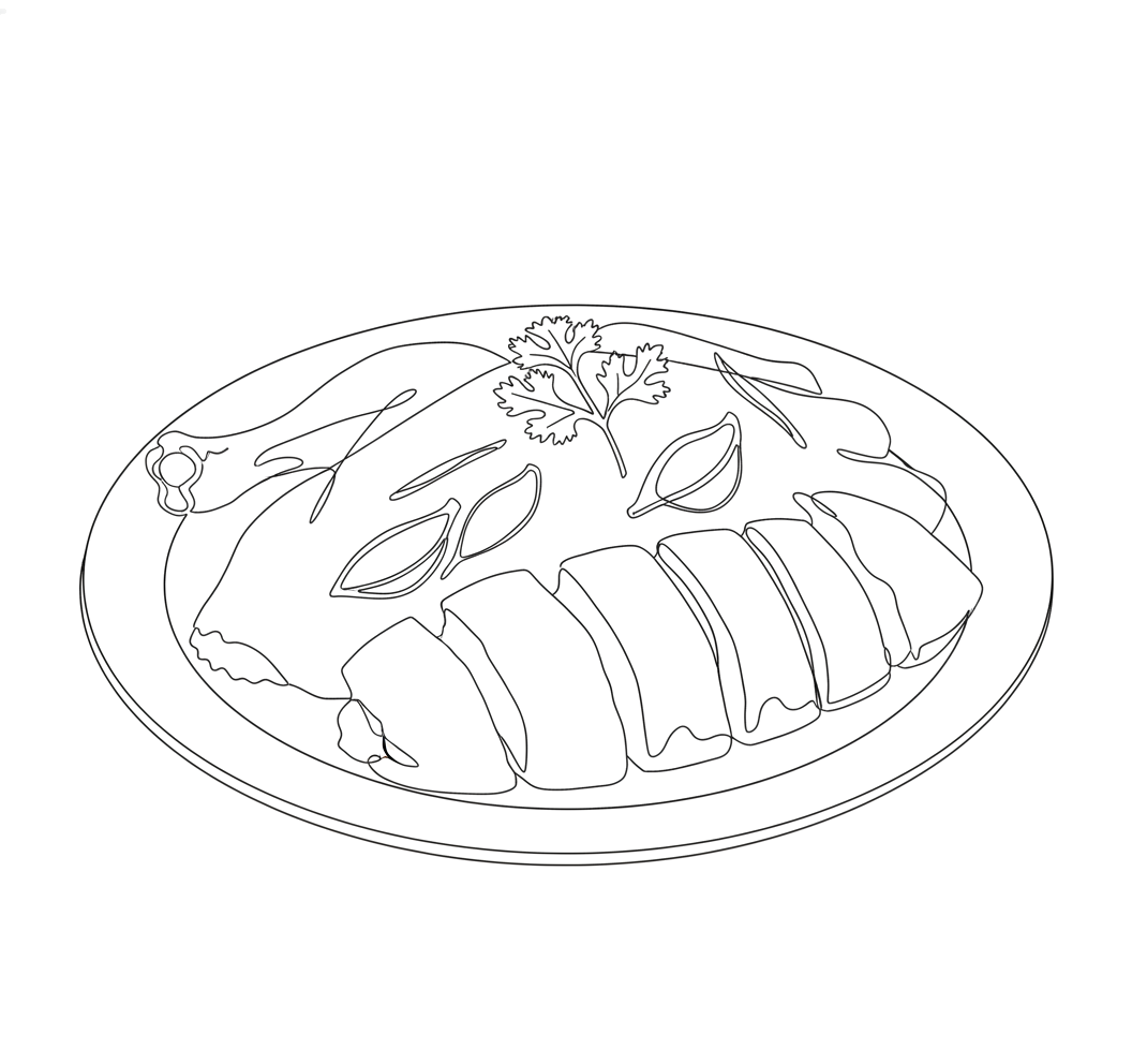 Line drawing of chopped whole poached chicken garnished with ginger and coriander