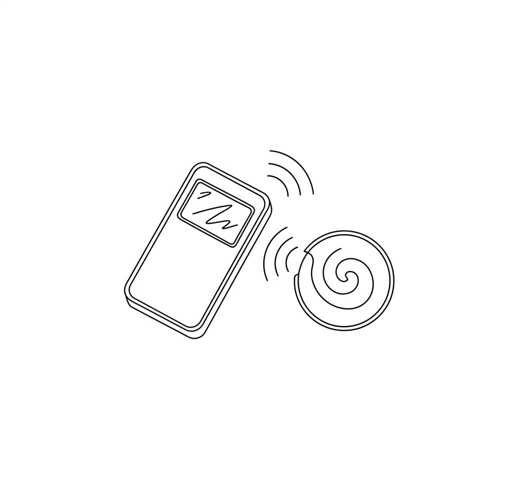 Line drawing of a handheld RFID reader scanning a coin-shaped tag