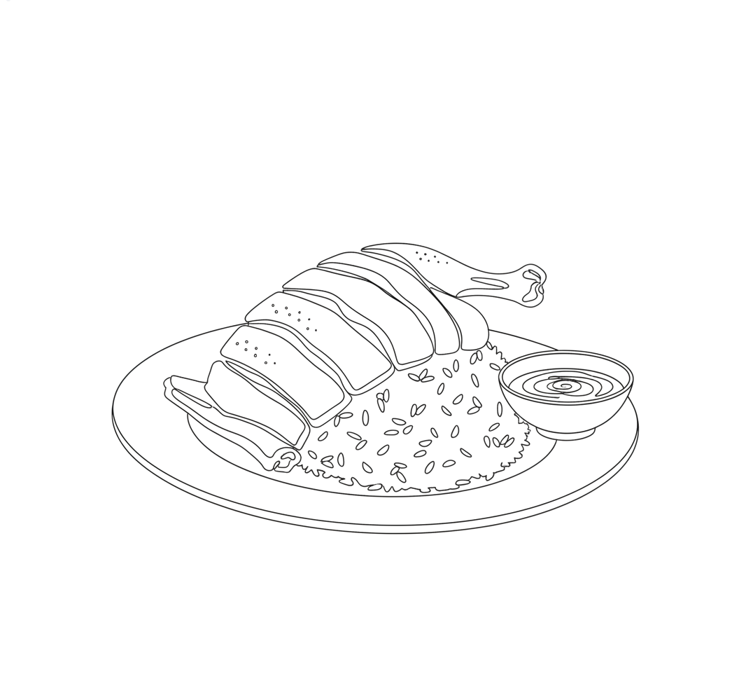 Line drawing of sliced Hainan chicken fanned over rice with a dipping sauce bowl