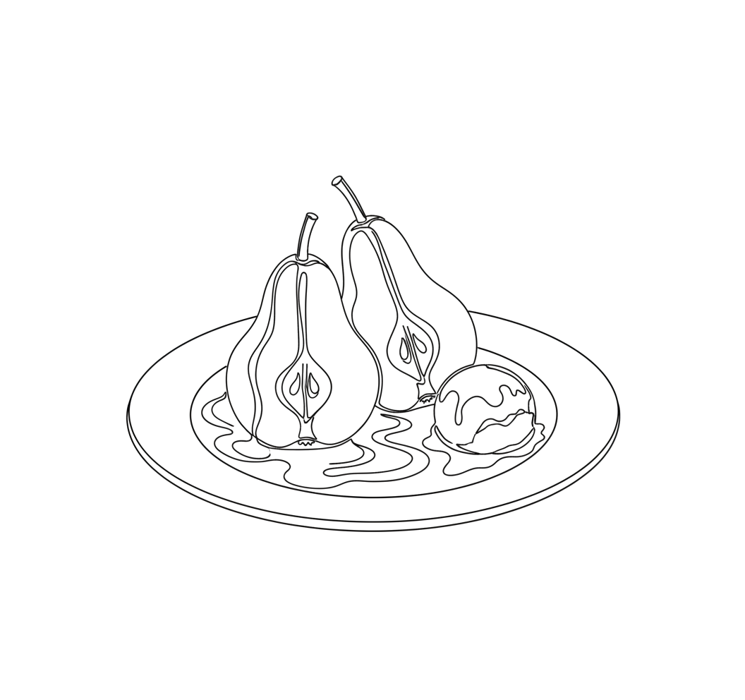 Line drawing of two poached pear halves with caramel sauce and a scoop of ice cream