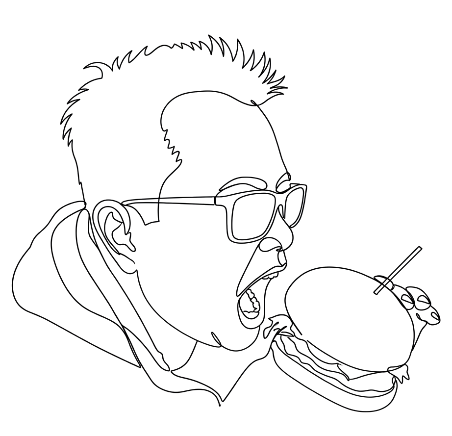 Line drawing of Wilson mid-bite into a burger